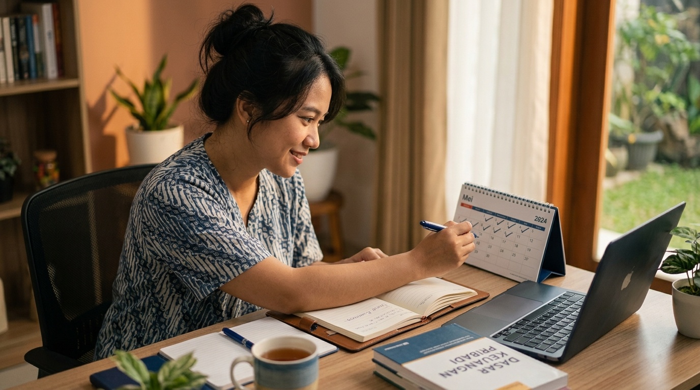 Seseorang membaca buku keuangan sambil membuat catatan sebagai bagian dari kebiasaan belajar finansial